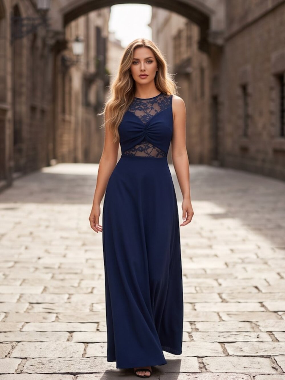 Blue Sleeveless Lace Insert Maxi Dress – Ruched Twist Bodice Illusion Dress